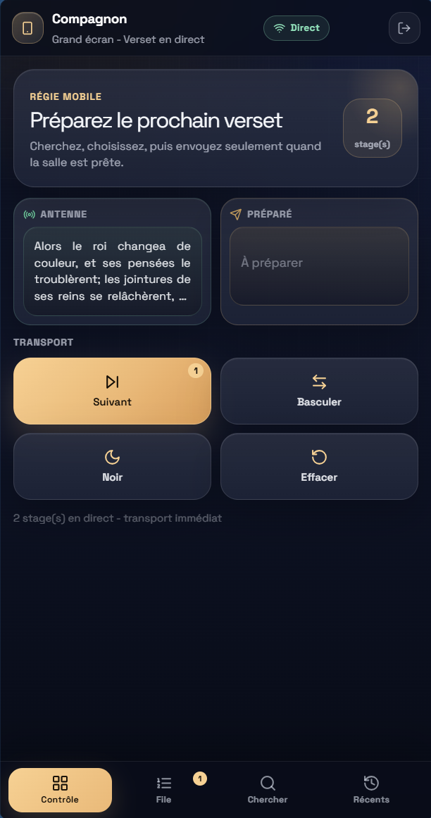 VerseCast Compagnon — interface mobile de contrôle des versets en direct